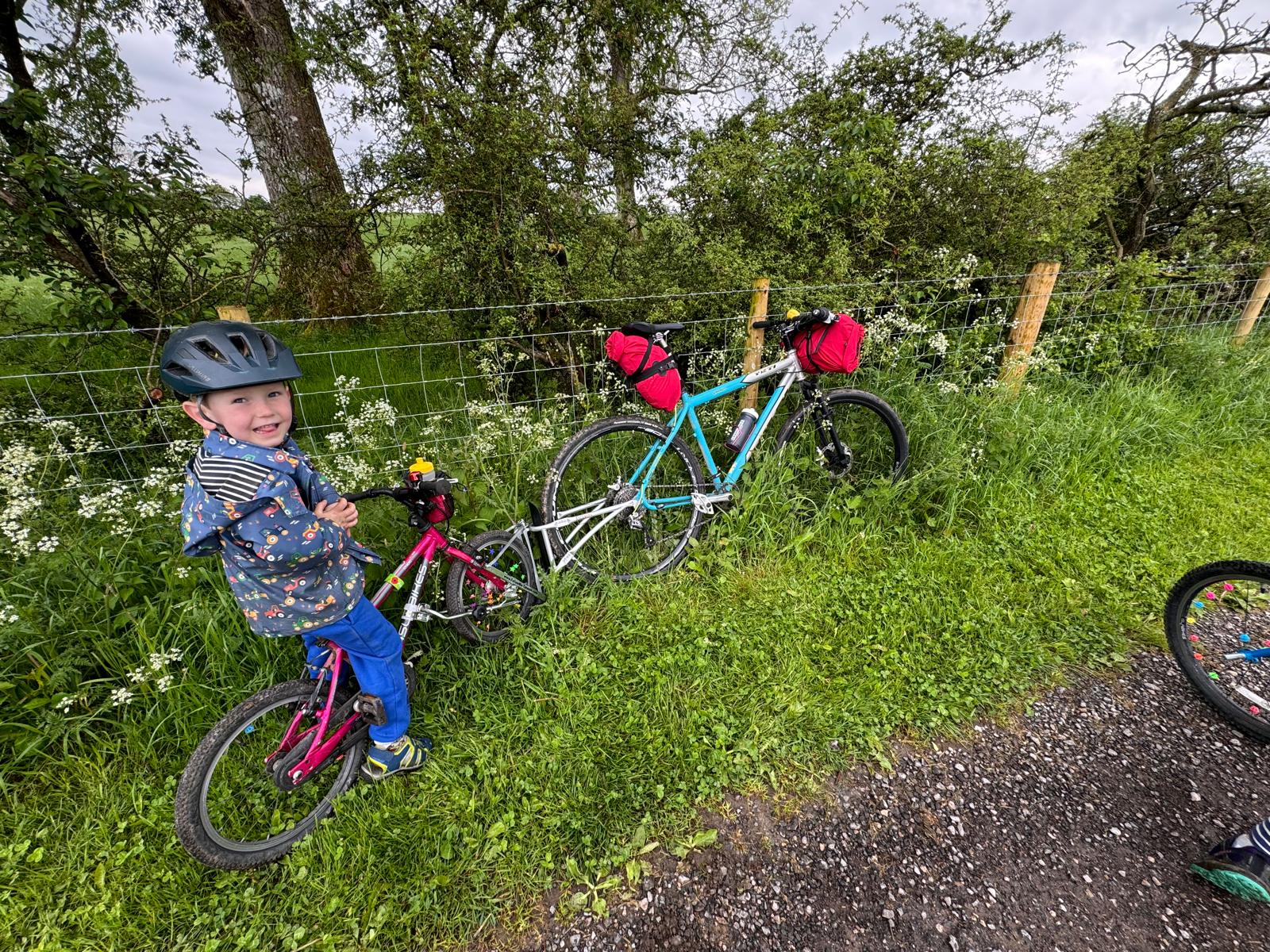 Boy smiling on his follow me tandem bike on a grassy verge