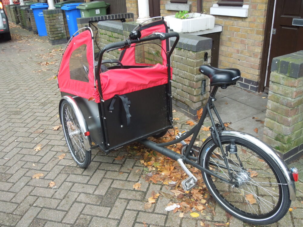 Close up photo of Christiania cargo bike for carrying small baby and children