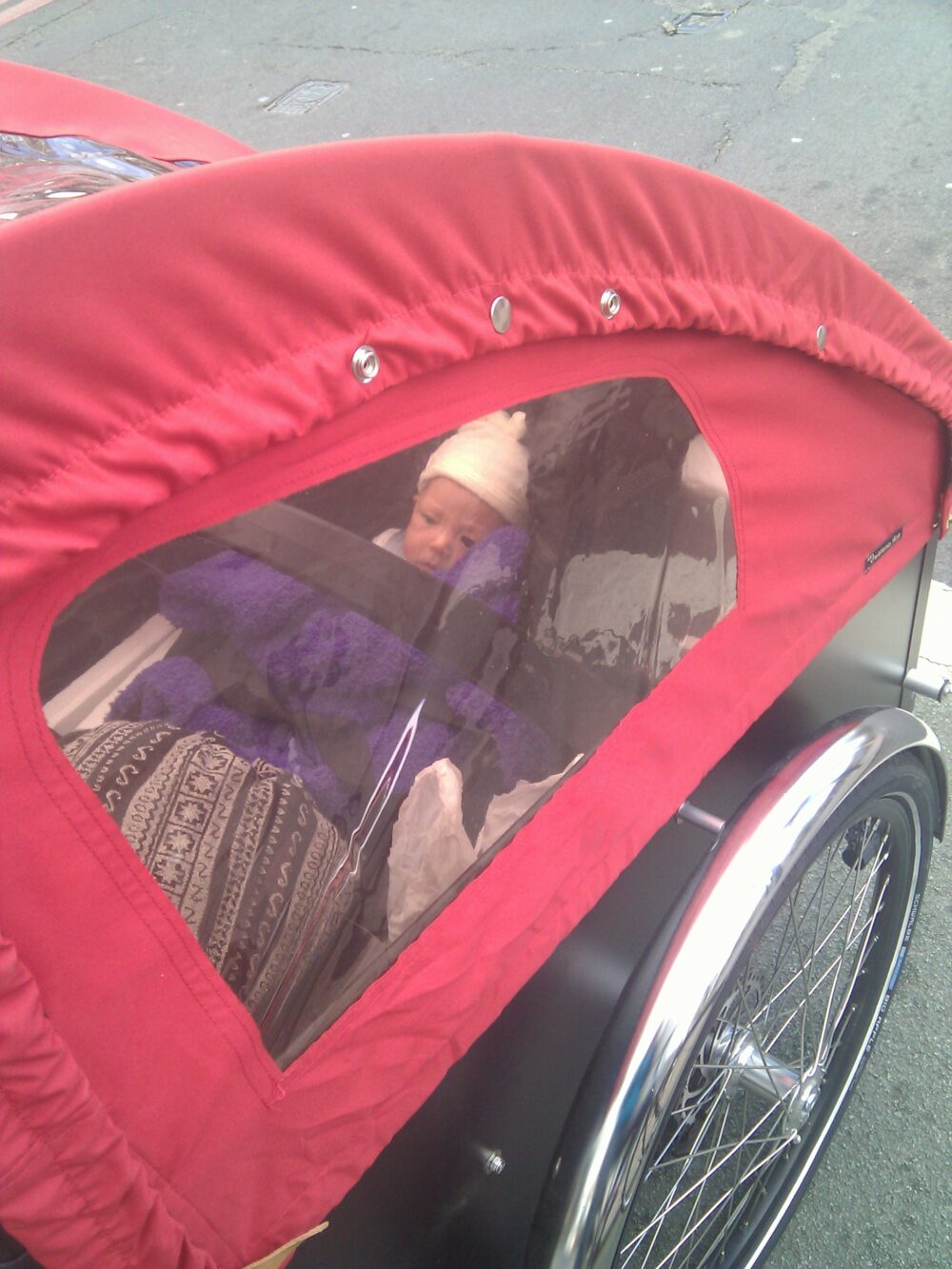 Cycling with a young baby in cargo bike at 5 weeks old