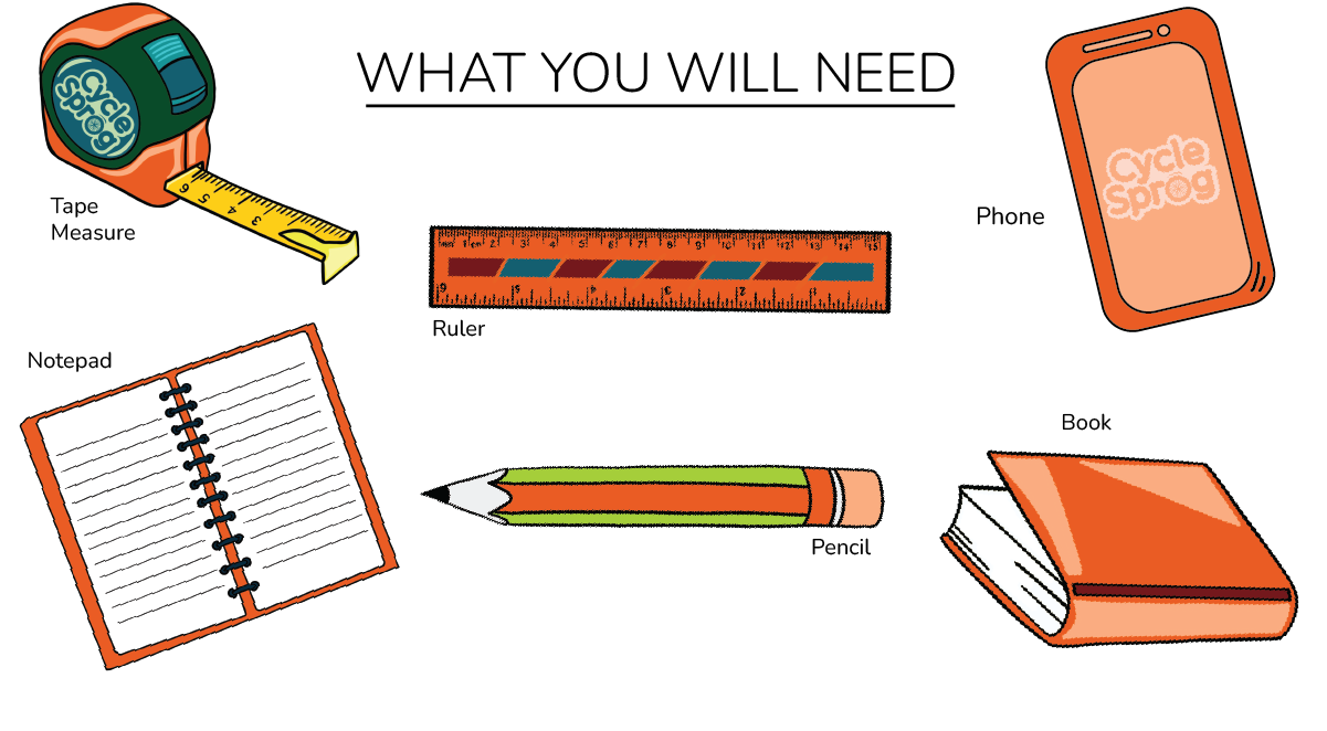 how to measure your child for a new bike- tool kit graphic for measuring your child for a new bike- including graphics of a tape measure, ruler, pencil, notebook , phone and book