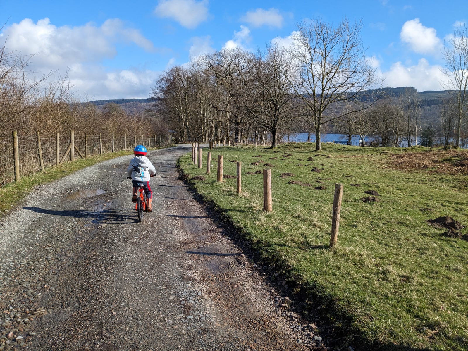 A boy seen from behind riding a 16 inch bike along a gravelly path