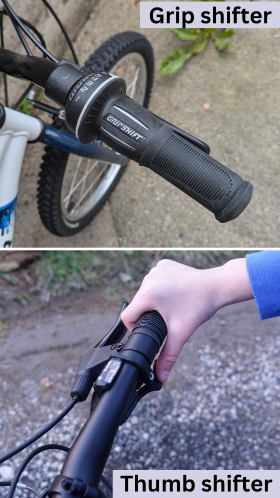 A side by side comparison of a twist grip shifter and thumb trigger shifter