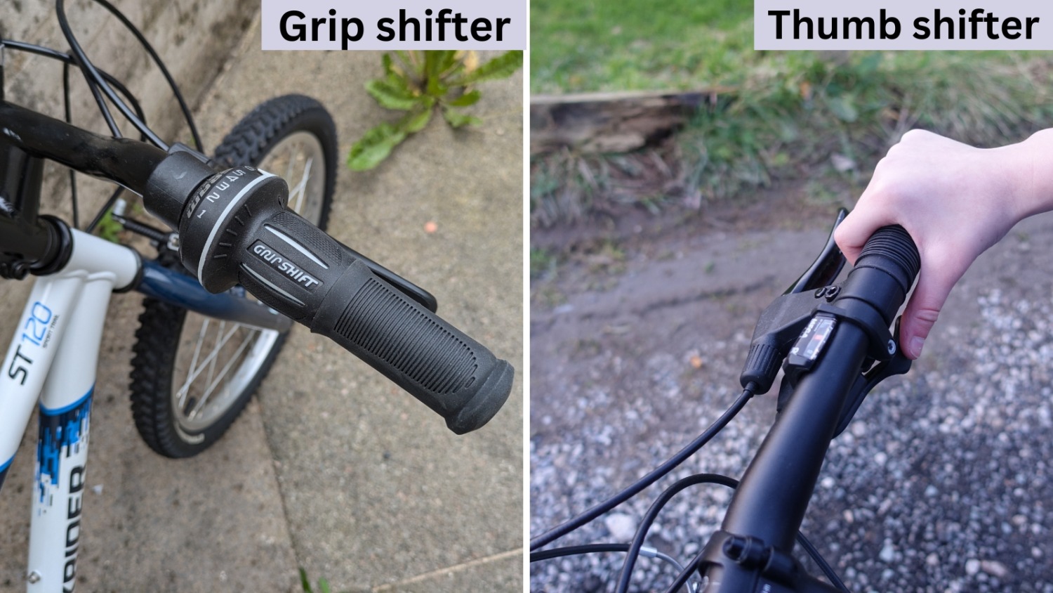 A side by side comparison of a grip shifter and thumb shifter