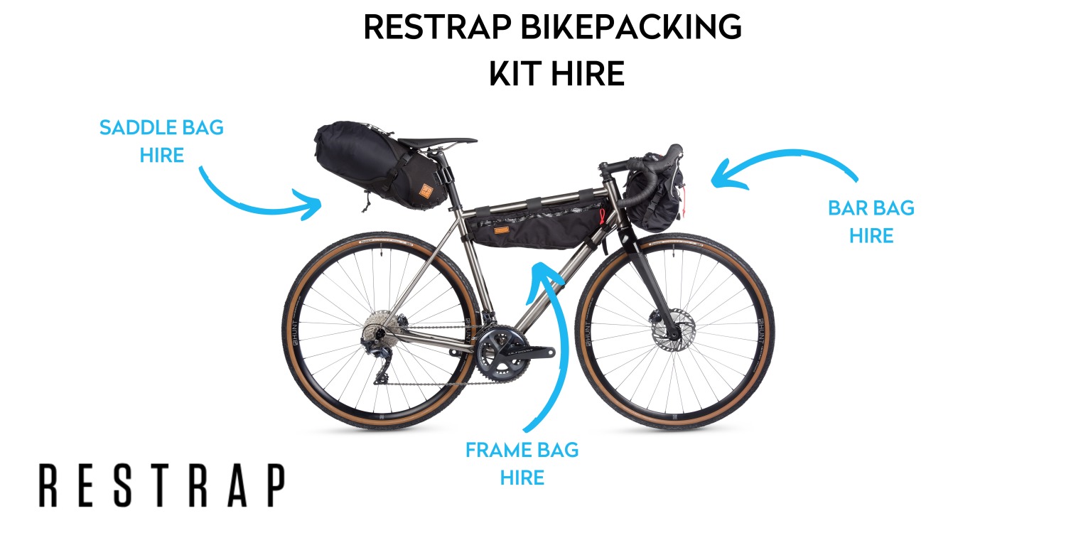 Range of Restrap bags available to hire from bike trailer hire, including a saddle bag, frame bag and bar bag.