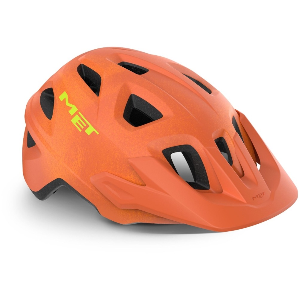 Best kids' bike helmets: An orange MET Eldar helmet seen from the side, on a blank background