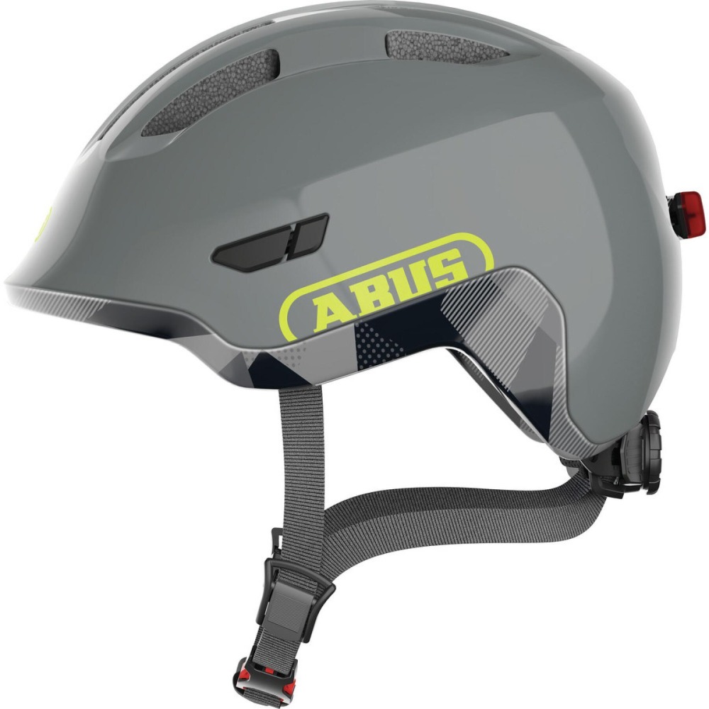 Best bike helmets for babies and toddlers: Side view of the Abus Smiley 3.0 LED in grey, with an LED light at the back