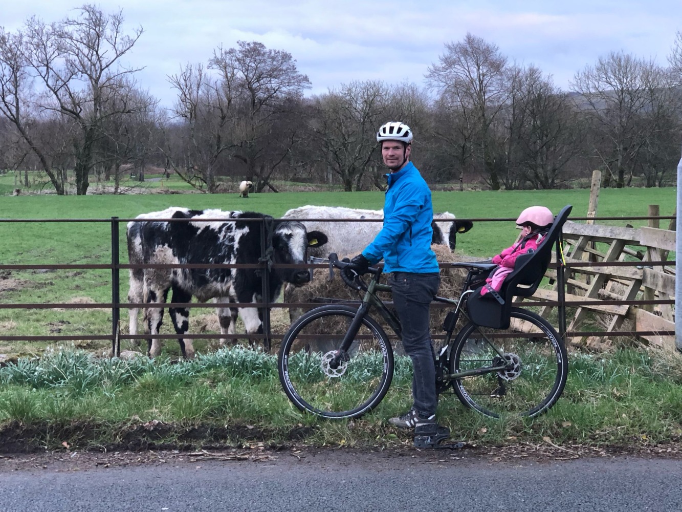Dad and daugher on a bike ride, stopped to look at some cows