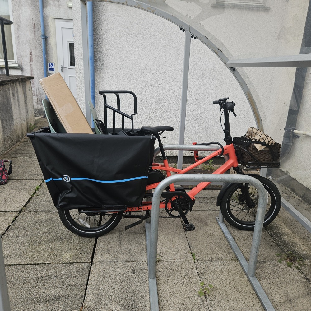 karen has loaded up the pink estarli cargo bike with boxes