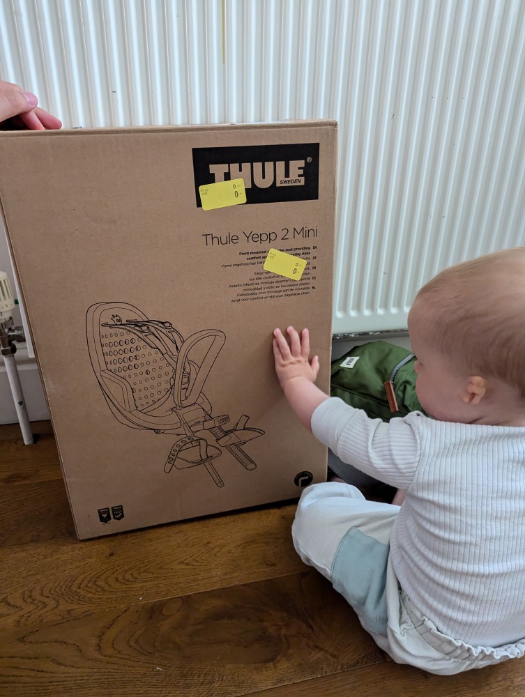 Thule Yepp 2 mini review: a little girl sat next to the bike seat in its box