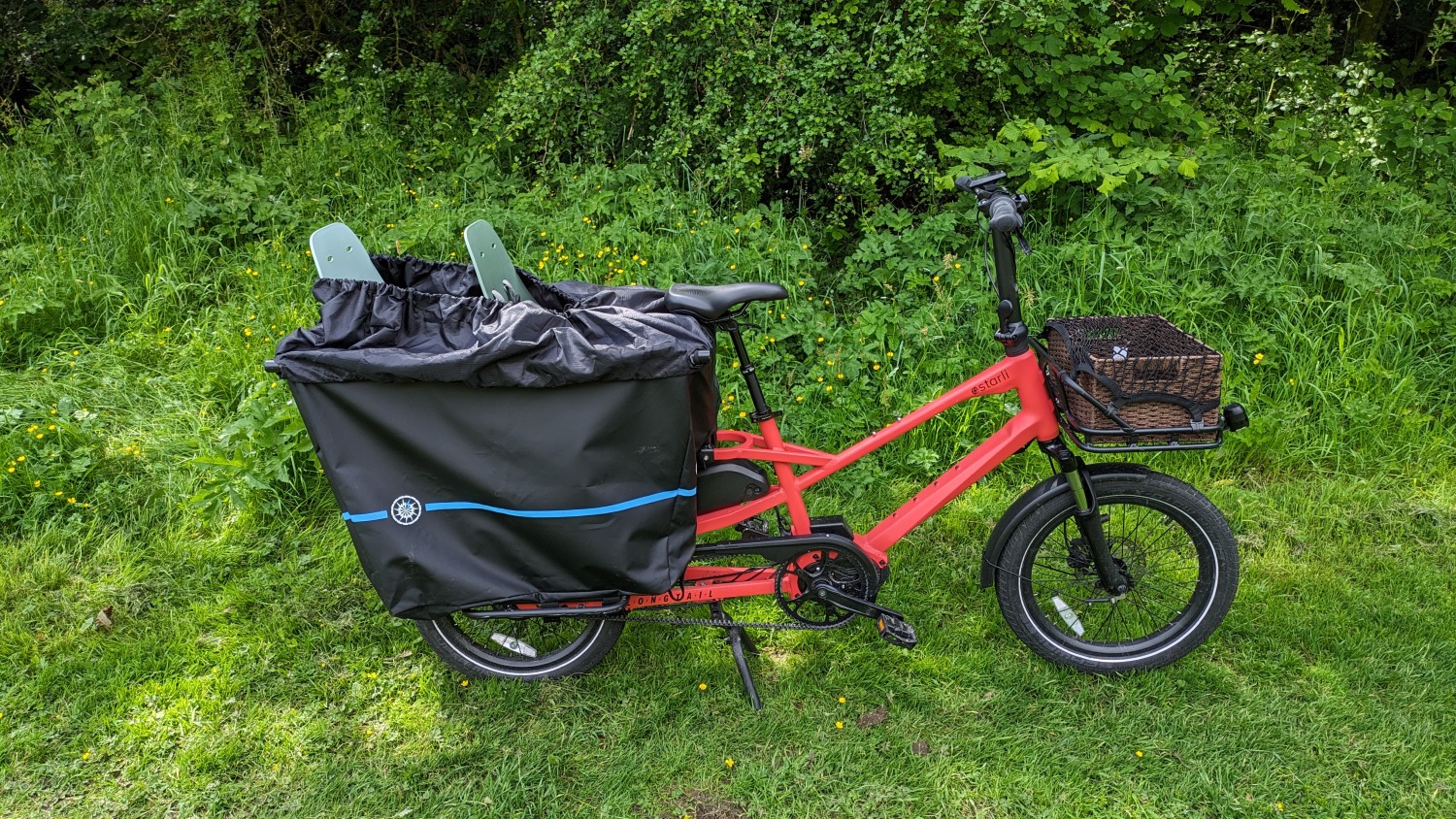 Estarli ecargo longtail bike with two rear child seats and rain cover agains a grassy background