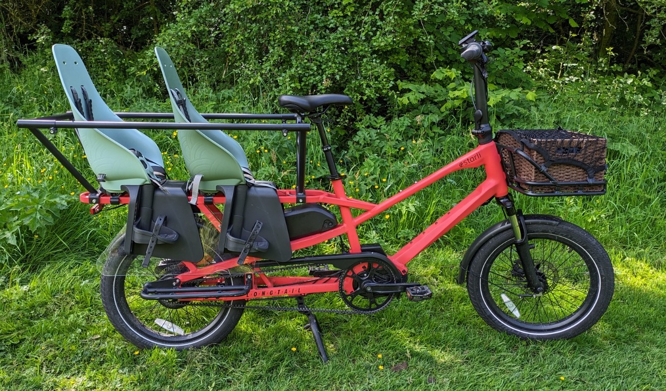 Estarli ecargo longtail bike with two rear child seats agains a grassy background