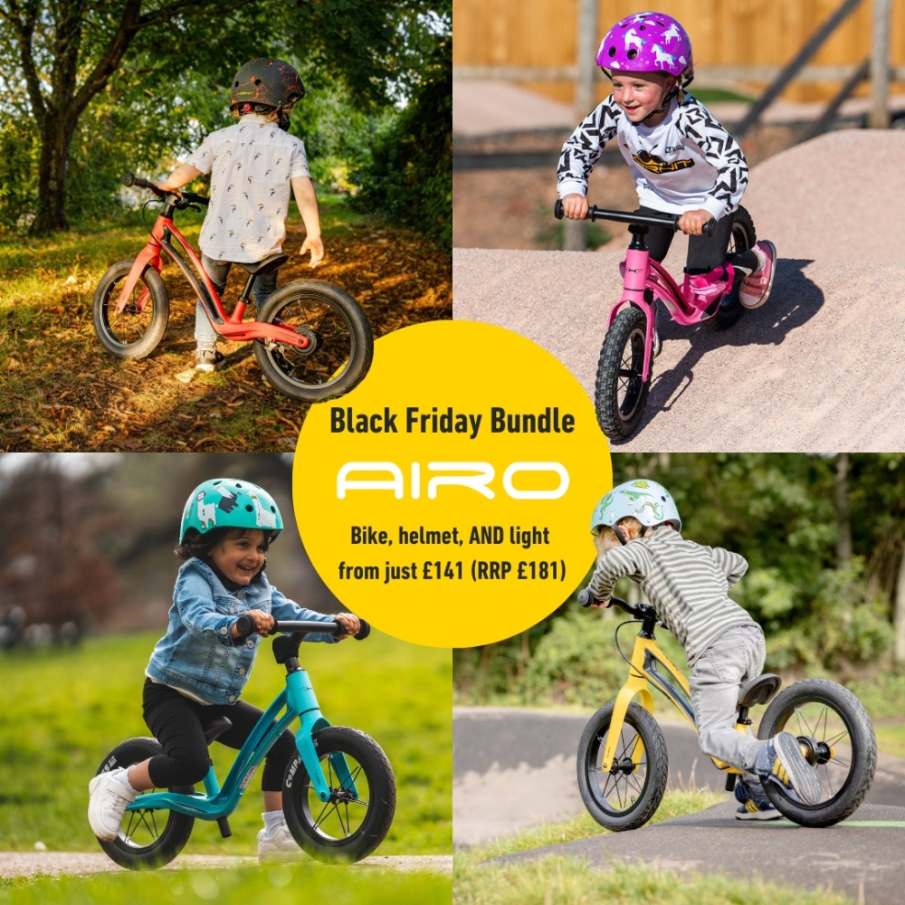 A collage of images showing toddlers wearing bike helmets and riding the Hornit AIRO balance bike, with a badge at the centre highlighting Hornit's Black Friday bundle