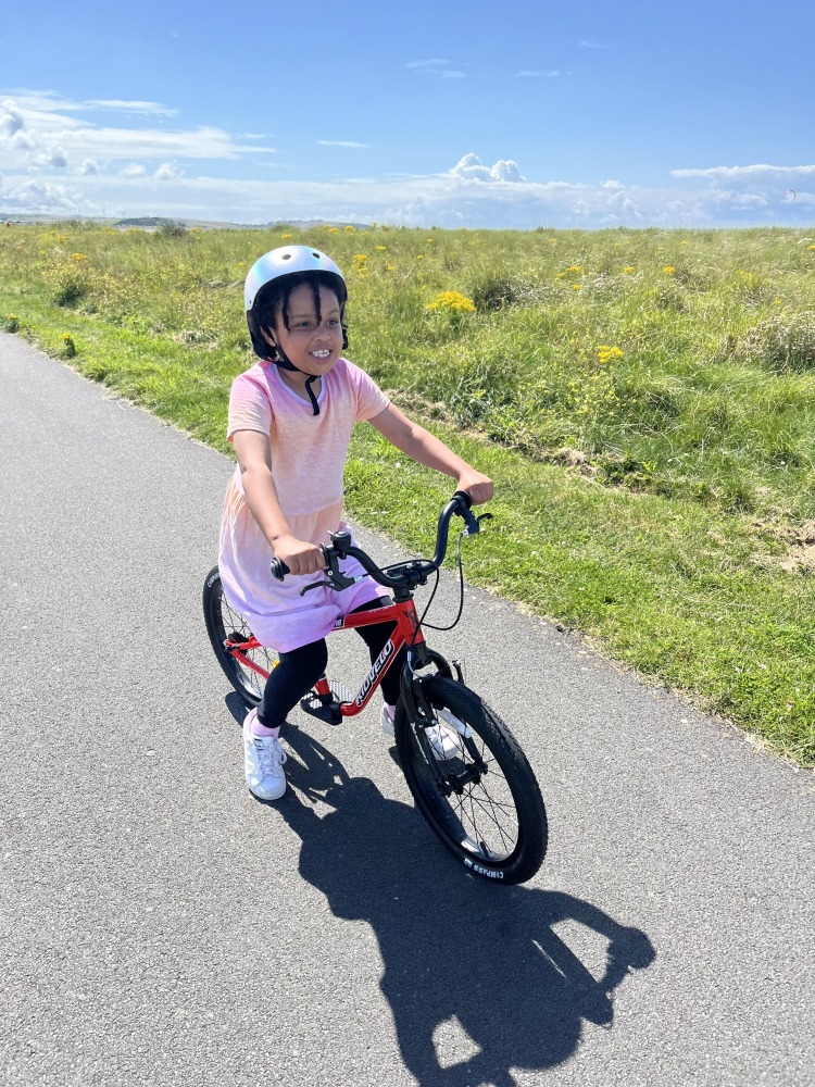 a black girl in a pink dress riding her kidvelo rookie 18 bike