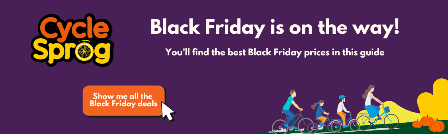 A colourful banner with a cartoon image of a family riding bikes together, and text that says "Black Friday's on the way! You'll find the best Black Friday prices in this guide". There's also a cursor clicking a button that says "show me all the Black Friday deals", implying that you can click this banner to be taken to the Black Friday kids' bikes page.