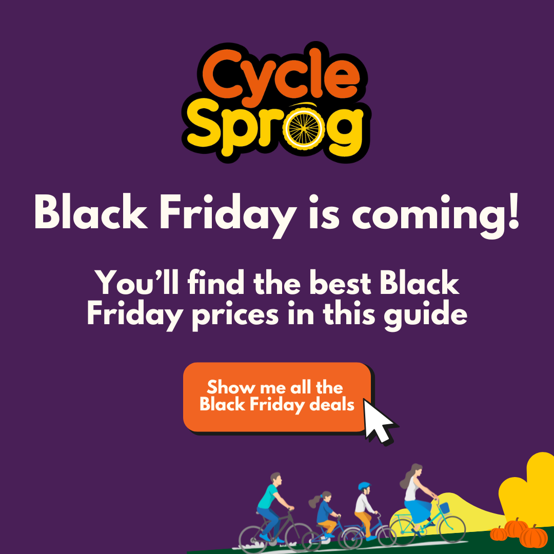 A colourful banner with a cartoon image of a family riding bikes together, and text that says "Black Friday's on the way! You'll find the best Black Friday prices in this guide". There's also a cursor clicking a button that says "show me all the Black Friday deals", implying that you can click this banner to be taken to the Black Friday kids' bikes page.