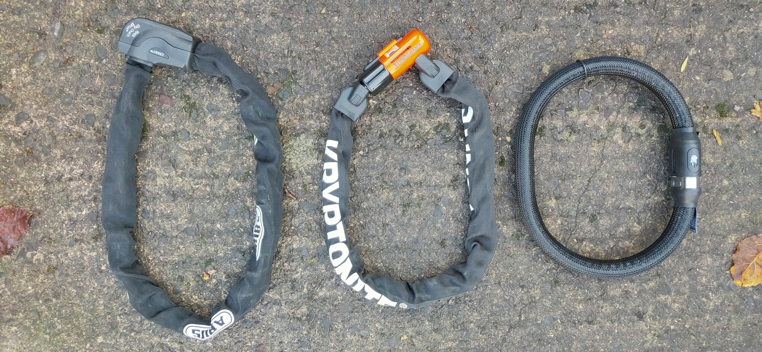 Two chain locks and the Litelok Core Plus bike lock side by side