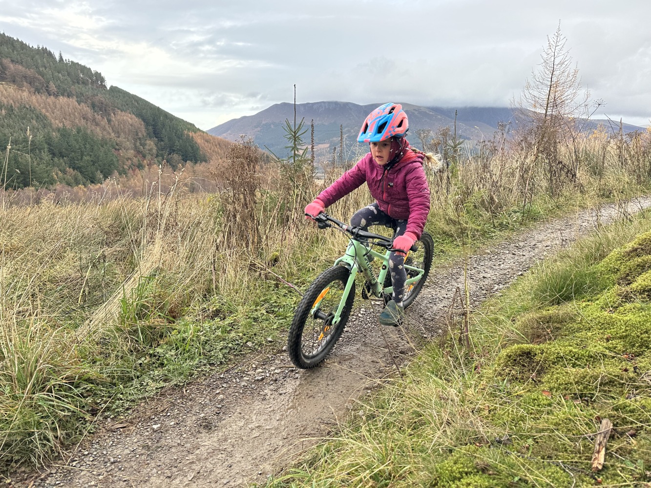 Specialized Riprock 20 review- a photo of a litle girl in a pink jacket riding the blue bike on a mountain bike trail in the alps- there is a beautiful mountain scene behind her