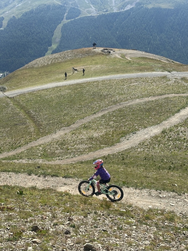 Specialized Riprock 20 review- a photo of a litle girl in a pink jacket riding the blue bike on a mountain bike trail in the alps- there is a beautiful mountain scene behind her