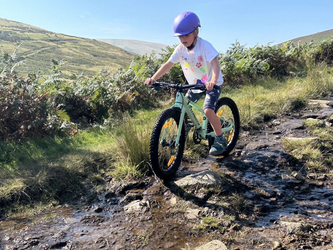 Specialized Riprock 20 review- a photo of a litle girl riding the blue bike on a lake district hill on a sunny day