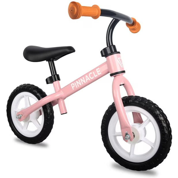 A Pinnacle balance bike with 10 inch wheels, seen from the side in front of a blank background