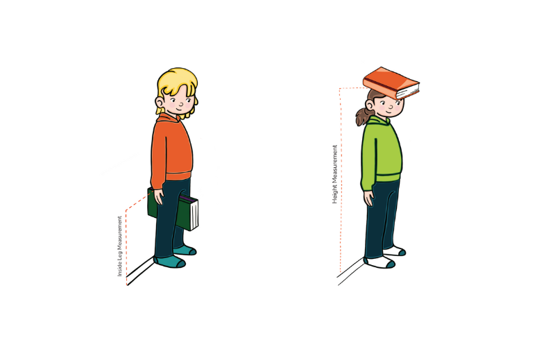 how to measure your child for a bike- graphic of a child having their height measured and inside leg measured