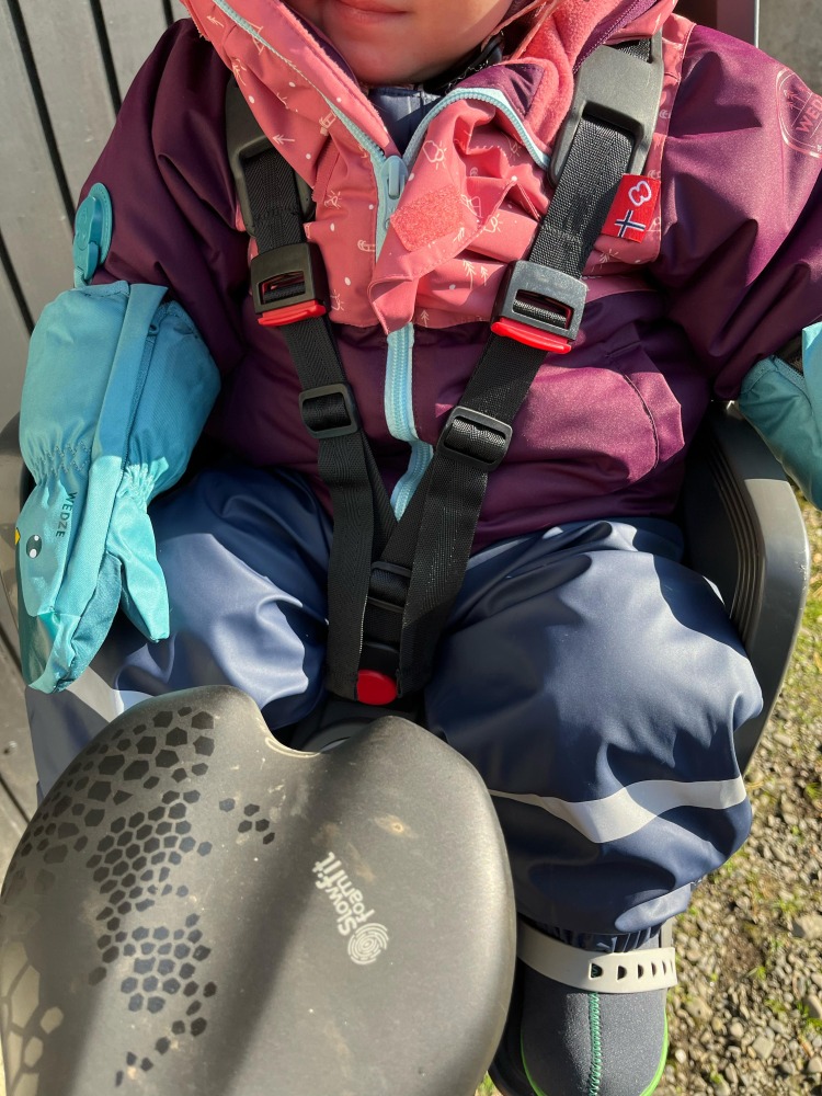 a little girl in a pink jacket in her Hamax Zenith Relax rear seat on her mums bike